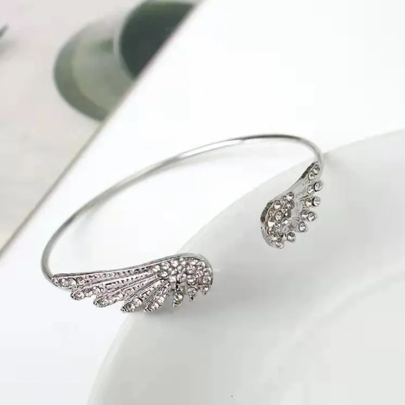 Wholesale Angel Wings Bracelet Adjustable Women Silver Cuff Feather Jewelry Gift Open Bracelet Silver Crystal Pulseira Feminina