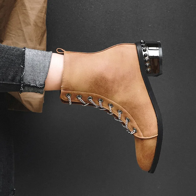 

YMECHIC 2025 Зимние ботильоны в стиле ретро, женские черные, коричневые туфли на массивном блочном каблуке с цепочками и перекрестными ремешками, туфли «Челси», большие размеры 44, 45, 46