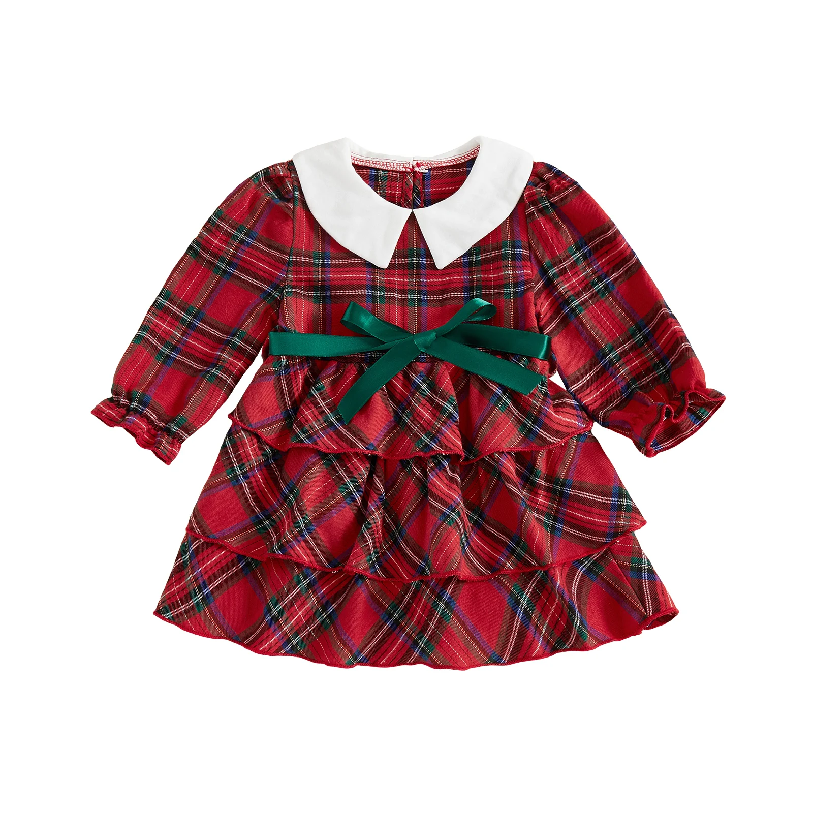 

Рождественское клетчатое платье для маленьких девочек с воротником Питера Пэна и поясом-бантом, платье трапециевидной формы с рюшами и длинными рукавами, зимний наряд