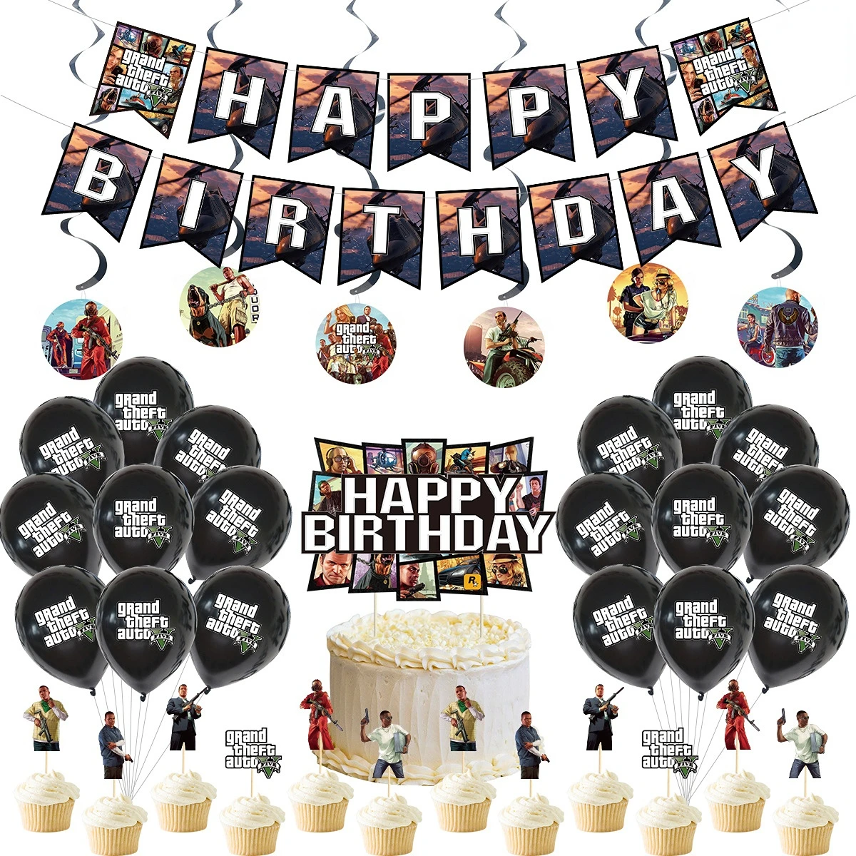 Five Star Citizens Grand Theft Auto GTA5 Theme Party Decoration Supplies Knight Racing Car Sticker Happy Birthday Party Balloons