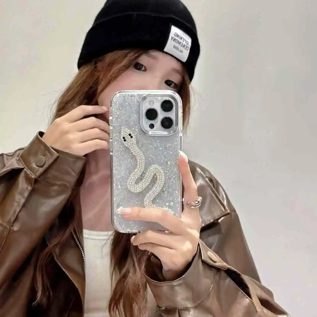 Luxury Creative Rhinestones Snake Epoxy Phone Case For iPhone 16 15 14 13 12 Pro Max Stylish Glitter Shockproof Soft Cover Gift