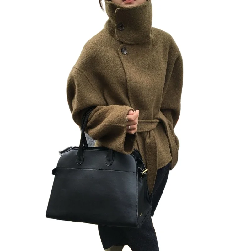 

Korean Version Loose Stand-up Collar Woolen Coat Women's Short Loose Strap-up High-end Australian Hair Double-sided Woolen Coat