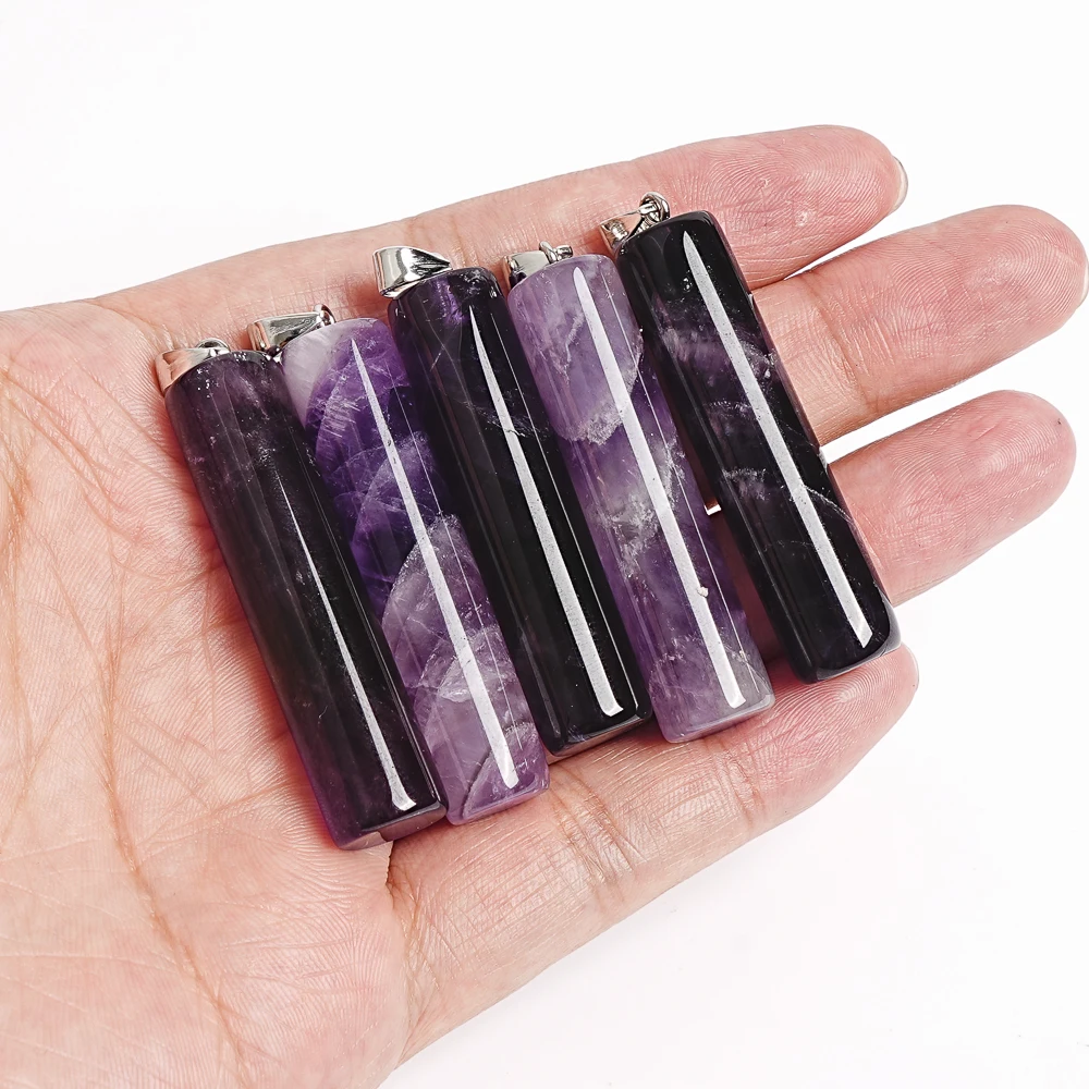49x12mm Amethyst Cylinder Pendant Natural Crystal Stone Jewelry Necklace for Spiritual Healing Gift Wholesale Bulk Order