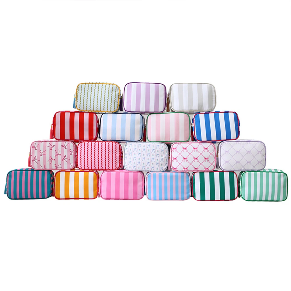 

New Striped Bow Tassel Makeup Bag Portable Canvas Tassel Cosmetic Bag for Toiletry Zipper Simple Storage Bag Wedding Gift