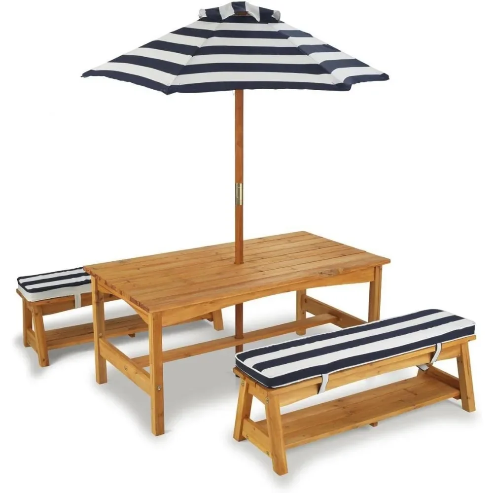 Outdoor-Tisch- und Bank-Set aus Holz mit Kissen und Regenschirm, Kinder-Hinterhofmöbel, marineblauer und weißer Streifenstoff, kostenloser Versand