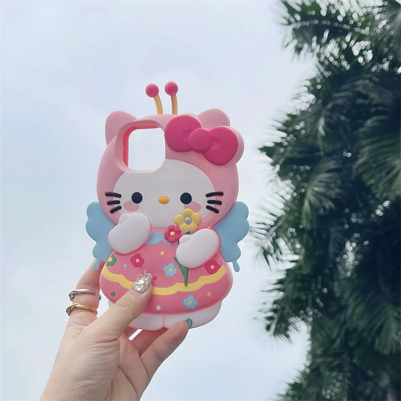 New 3D Sanrio Pink Bow Gir Bee Hello Kitty for Apple iPhone 15 14 13 12 11 Pro Ins Soft Cute Cartoon Silicon Protect Phone Case