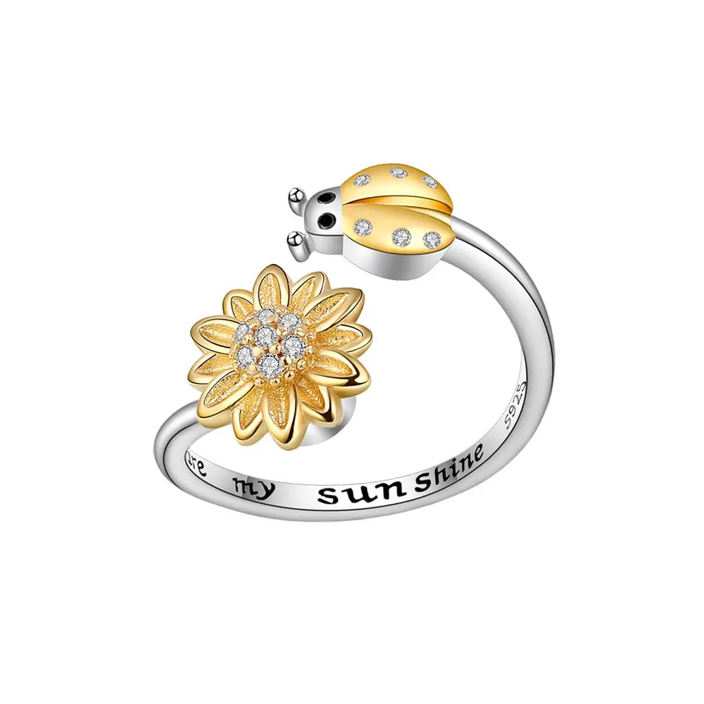 Pure 925 Sterling Silver Sunflower Ladybird Pattern Ring Rotatable Creative Open Finger Ring Valentine's Day Gift