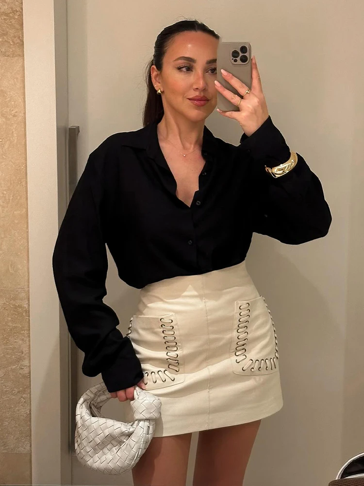 HH2025 Dames Zomer Chic Solid Pocket Versieren Casual A-lijn Minirok Vrouwelijke Hoge Taille Rits Achter Slanke Korte Rok