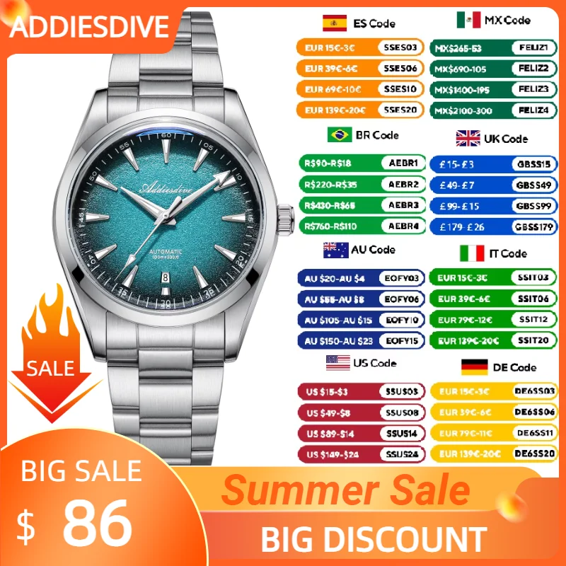 

ADDIESDIVE NEW AD2527 Gradient Blue Automatic Mechanical Watches Waterproof 100m Super Luminous Bubble Mirror Glass Dress Watch