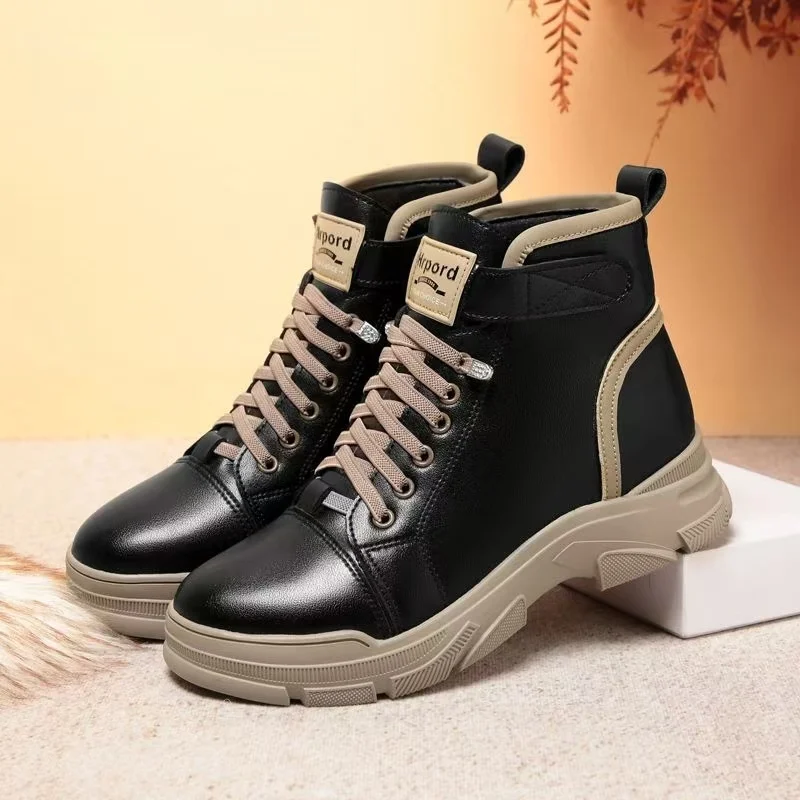 

Женские ботильоны из натуральной кожи на блочном каблуке Осень Зима Новые толстые подошвы Нескользящие круглые носки Плюшевые сохраняющие тепло Высокие хлопковые сапоги