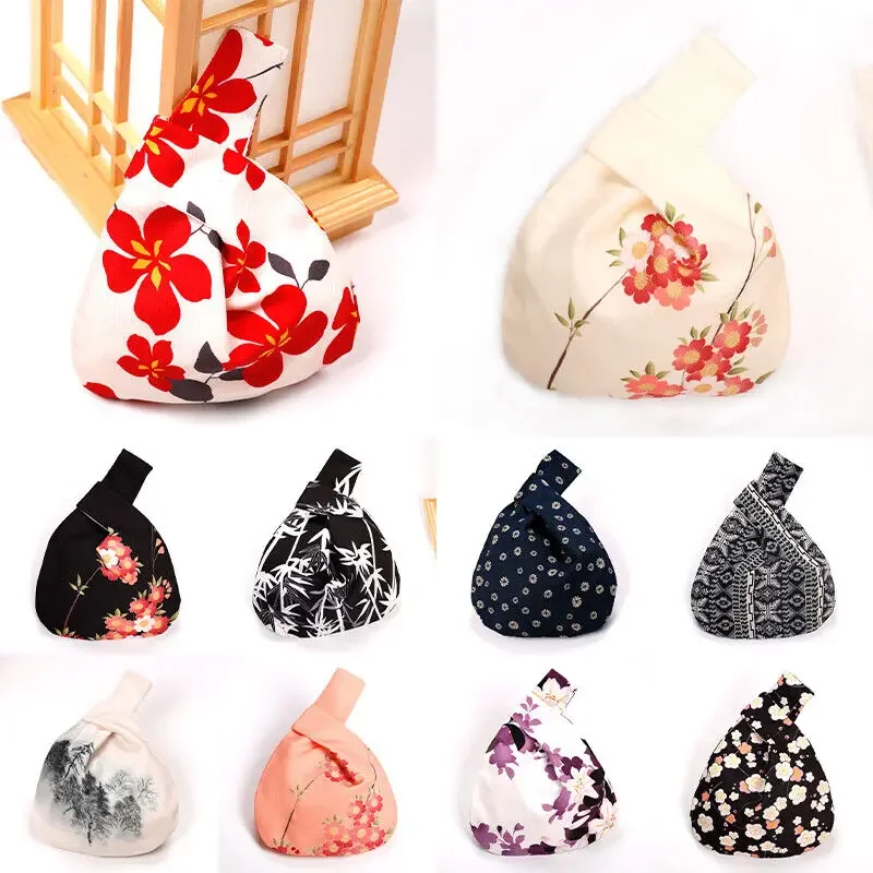 

Japanese Style Wrist Bag Portable Printed Handbag Vintage Flower Elegant Sleeve Knot Pouch Women's Floral Canvas Tote