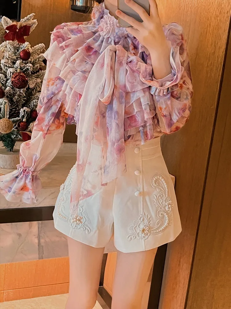 Ele BETTER LS Women's Silk Chiffon irt Floral Print Stand Collar Bell Sve Top Korean Sle Commute Faion Premium F...