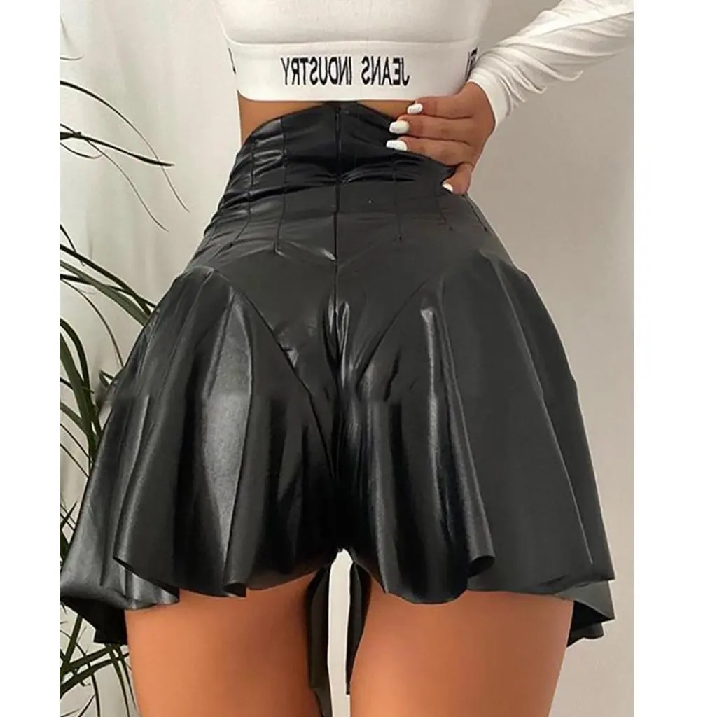 

High Waist PU Leather Skirt Slim Fit Sheath Lotus Leaf Design Sexy Mini Skirt for Women Nightclub Pleated Shorts