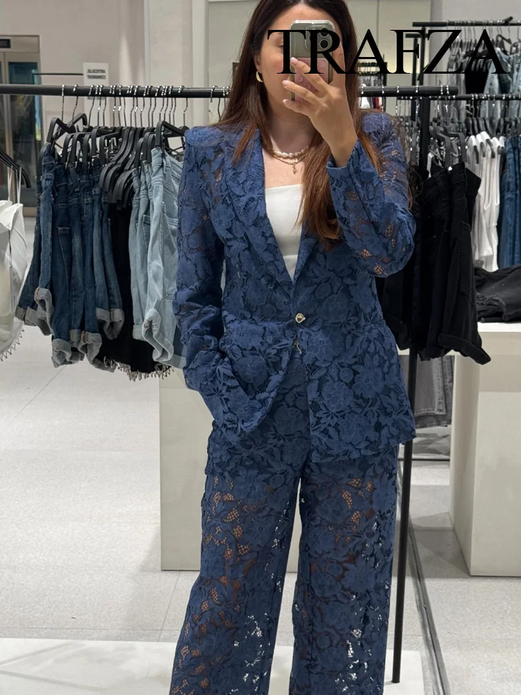 

TRAFZA Women Fashion Pocket Long Sleeve Lapel One Button Lace Suit Jacket+High Waist Slim Zipper Cropped Pants 2-Piece Set