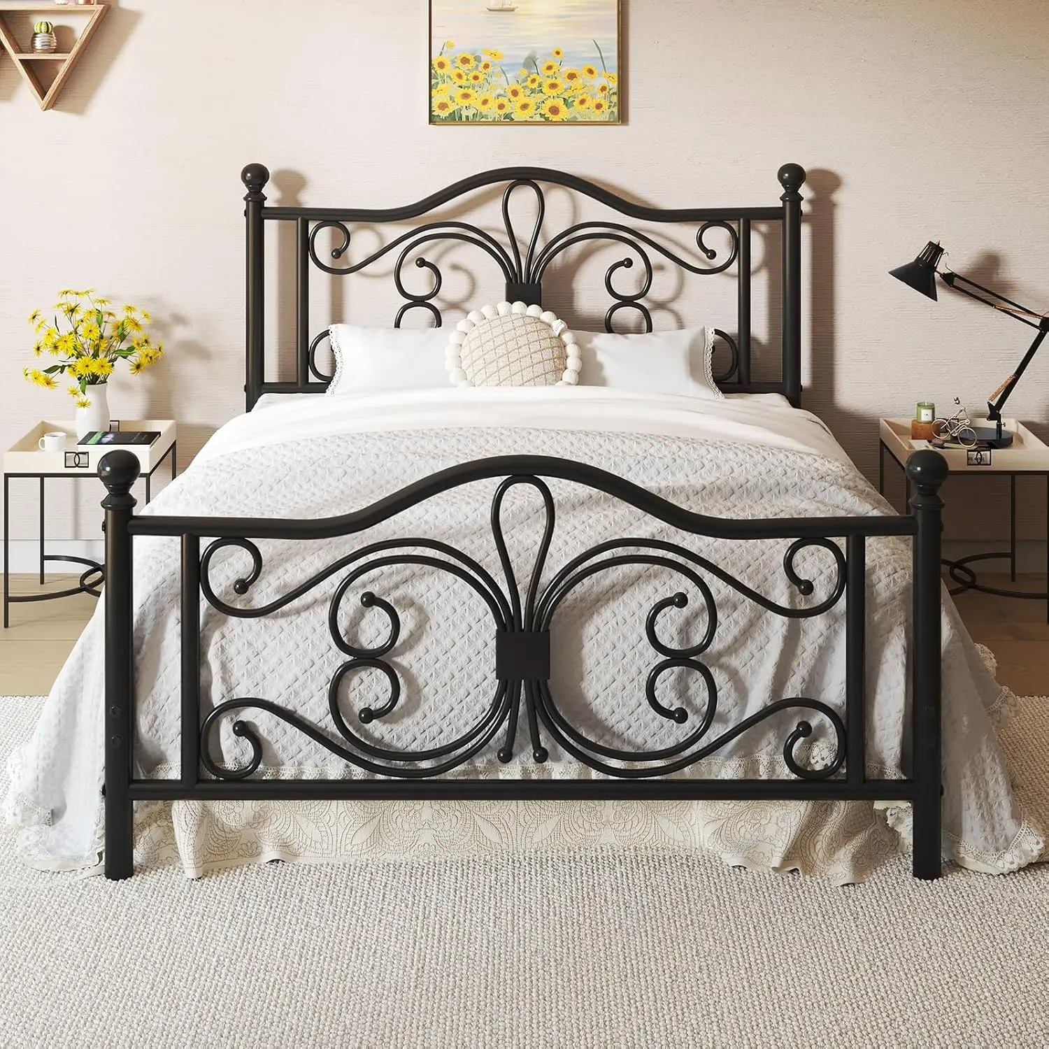 Butterfly Pattern Full Bed Frame with Headboard & Footboard, Metal Platform, Customized