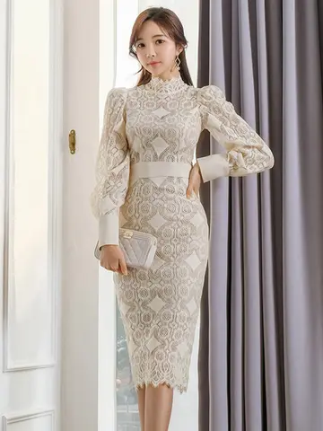 Ny ankomst mode koreansk stil festklänning kvinnor elegant höst puffärm perspektiv temperament vit spets penna klänning 10 best sales vita spetsklänningar - №2