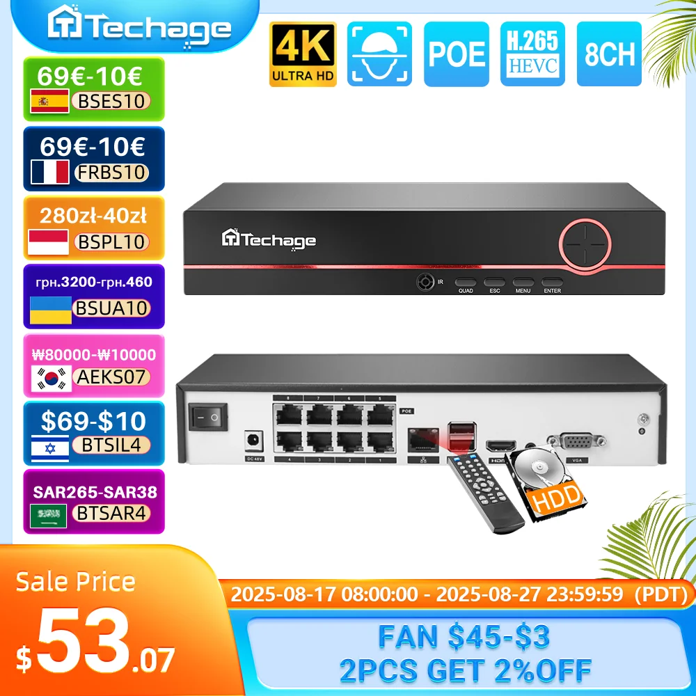 

Techage H.265 8CH 4K 2K POE NVR видеорегистратор для видеонаблюдения до 16 каналов для системы видеонаблюдения POE IP-камера-рек