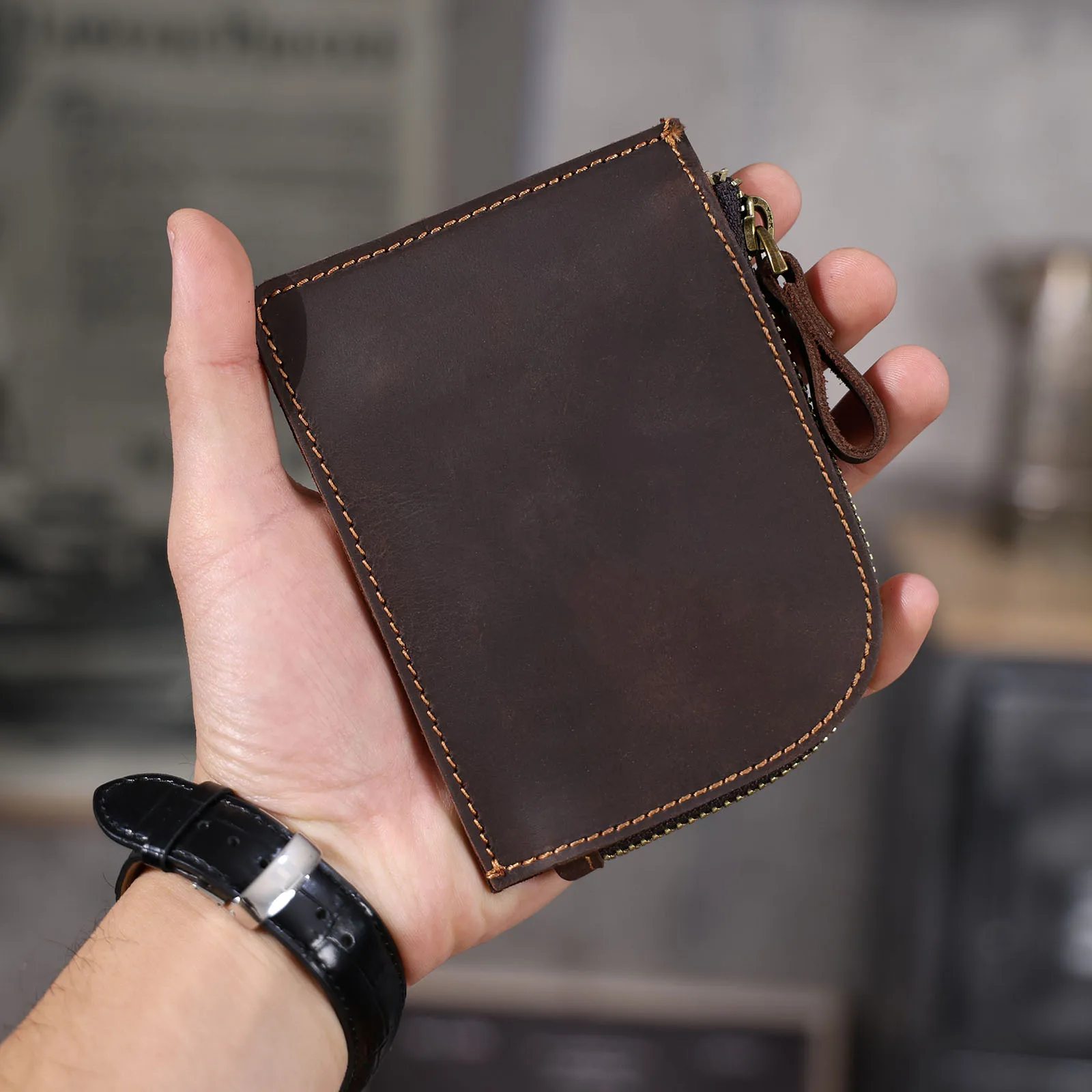 Echtes Leder Kartenhalter Einfache Mini-Geldbörse Mit YKK-Reißverschluss Crzay House Leder Perfekt zum Tragen von Münzen, Karten, Schlüsseln – Detail 6