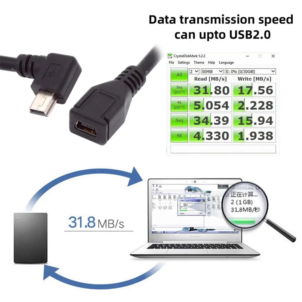 90 Degree Left Angled Mini USB 5Pin Male to Female Extension Cable for GPS Camera 30cm