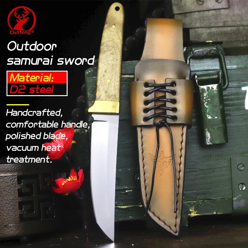 Outdoor survival D2 Steel Japan Straight Knife Camping Survival Hunting knife Brass + White shadow wood handle collector knife