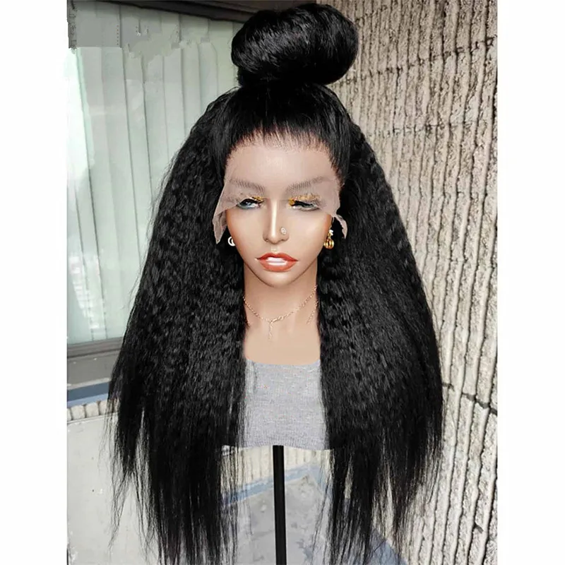 

Natural Black Soft 28 inch 200% Density Long Yaki Kinky Straight Lace Front Wig For Women With Baby Hair Preplucked Glueless