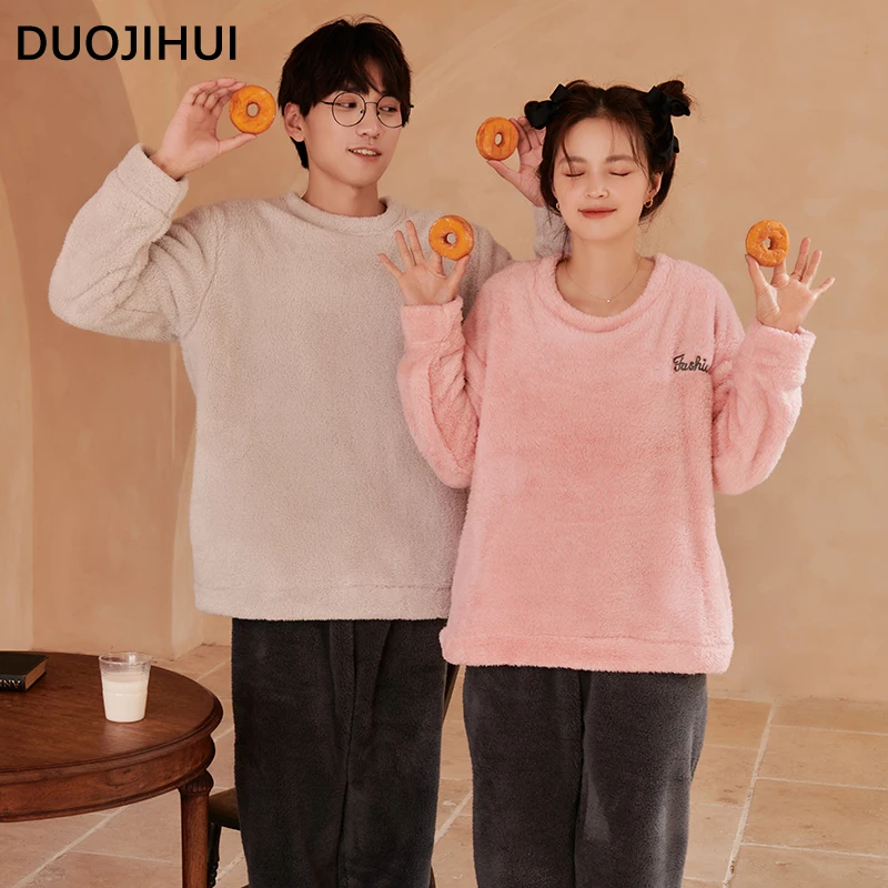 DUOJIHUI-Ensemble Pyjama Basique pour Femme, Doux, Col Rond, Pantalon Y-adt, Chaud, Doux, Simple, Décontracté, Mode, Hiver