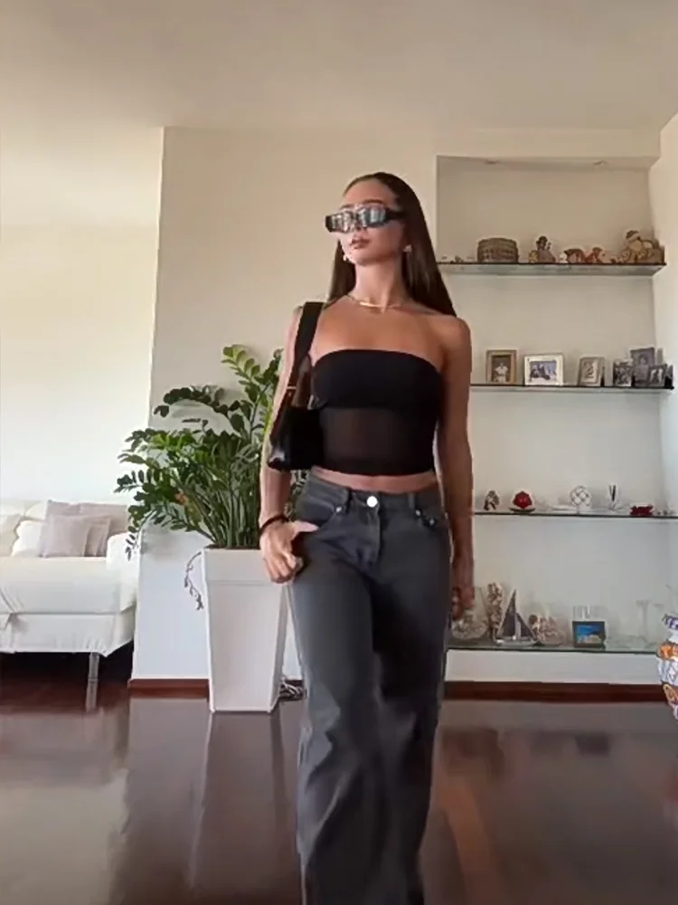 Women's Black Mesh Corset Crop Top Sleeveless Off-Shoulder Patchwork Tube Cami Summer Streetwear Slim Strapless Tank Top