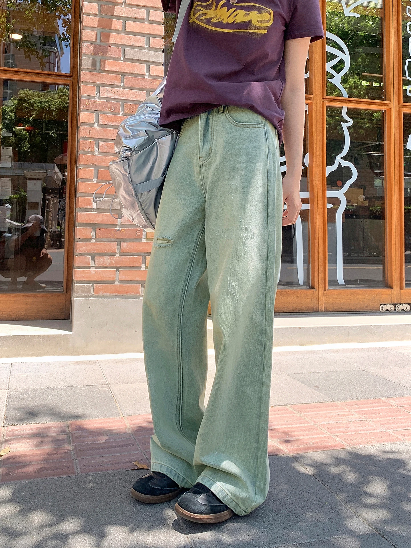 

Джинсы прямого кроя светло-голубого цвета с прорезями, повседневные, с завышенной талией, дышащие, для женщин