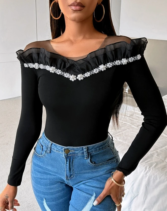 

Fashion Women Long Sleeve Tops Floral Pattern Sheer Mesh Round Neck Beaded Ruffle Hem Top Casual Skinny Blouse Top