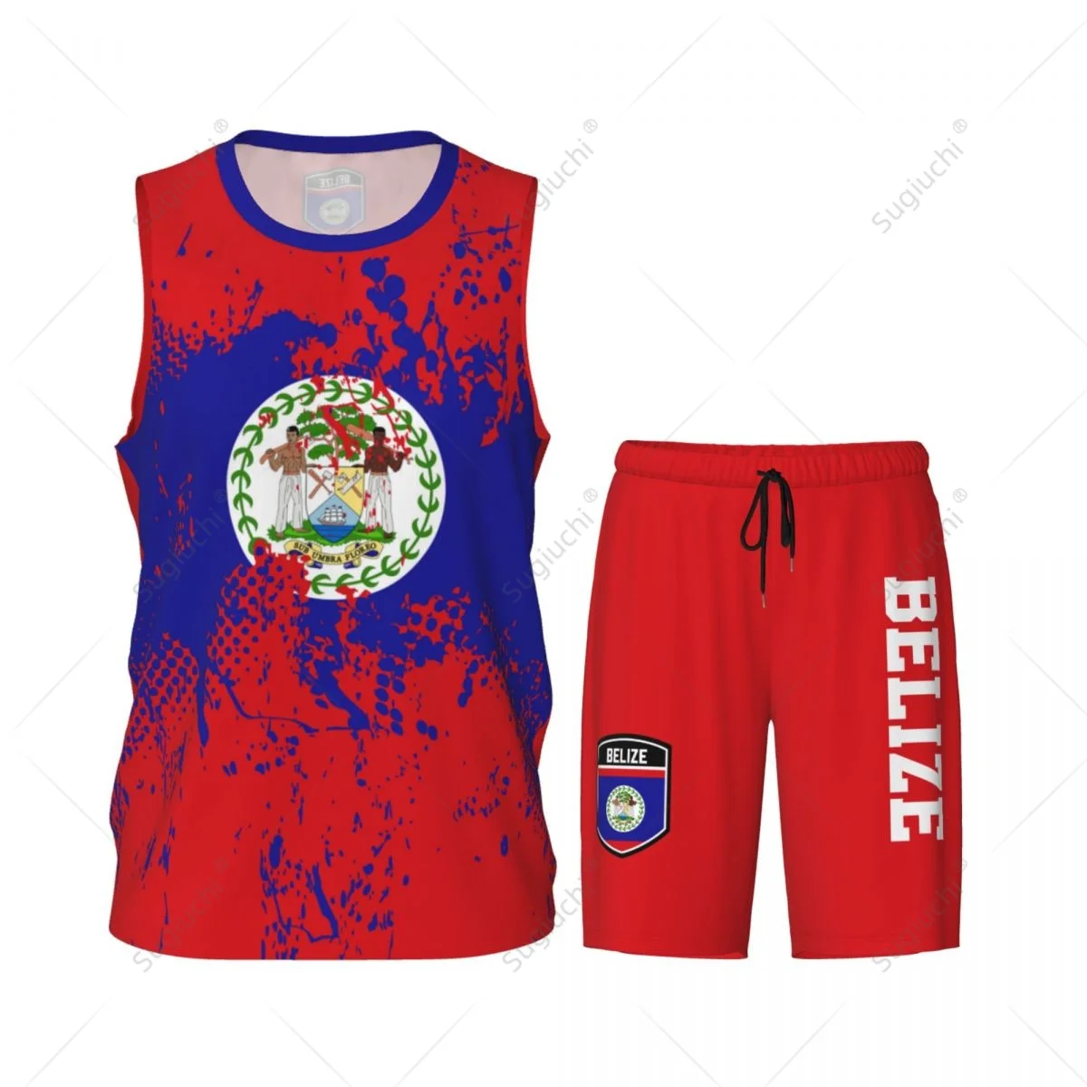 Belize Flag Grain Men Basketball Set Shirt & Pants Sleeveless