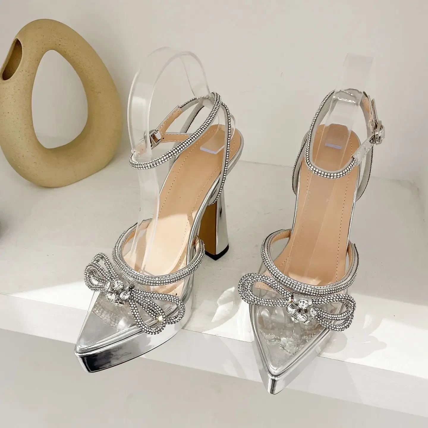 Sexy Transparent PVC Cover Toe Ladies Sandals Pumps Crystal Pointed Butterfly-knot Platform Chunky High Heel Party Wedding Shoes