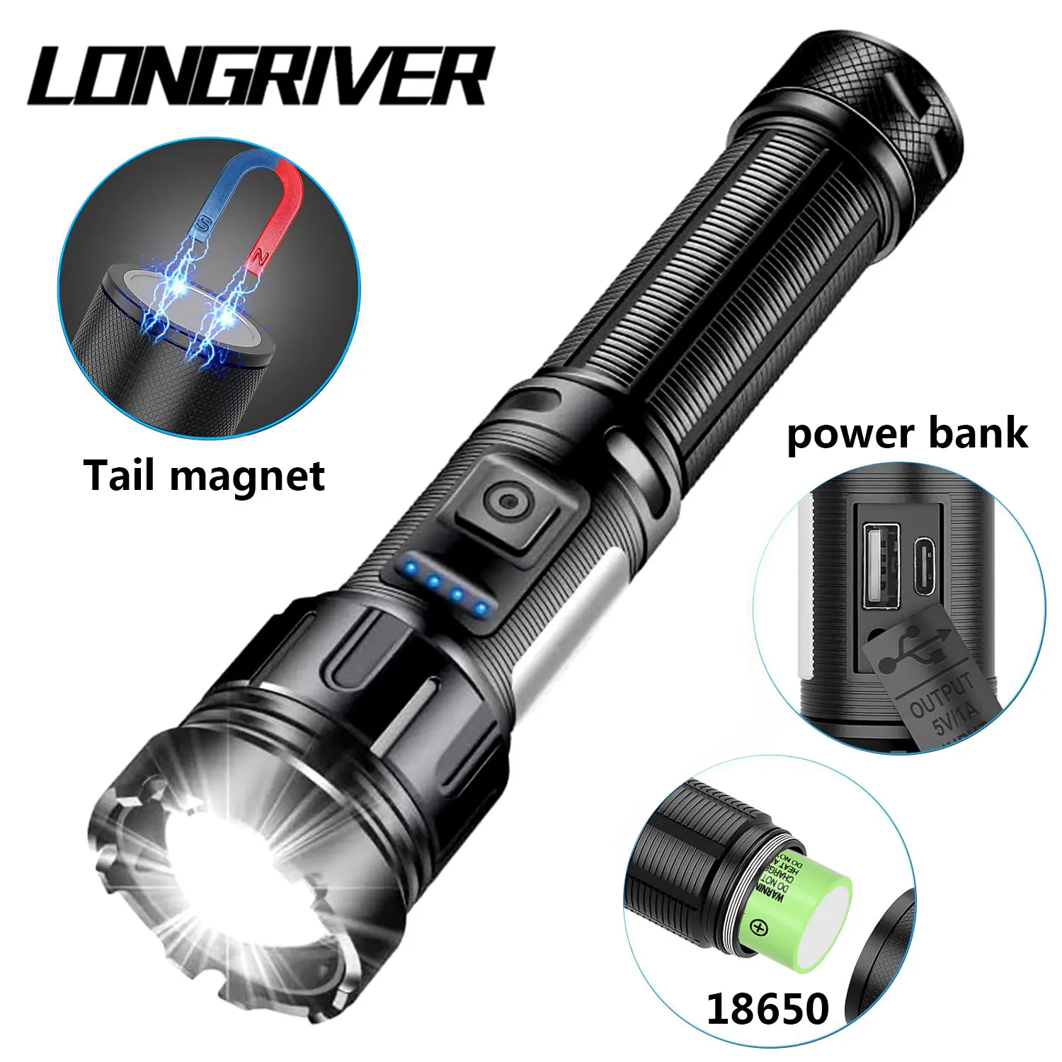 LONGRIVER S190A LED Flashlight Rechargeable Super Bright 3500LM LED Zoom Flashlight Outdoor Camping Side Light Working Lamp