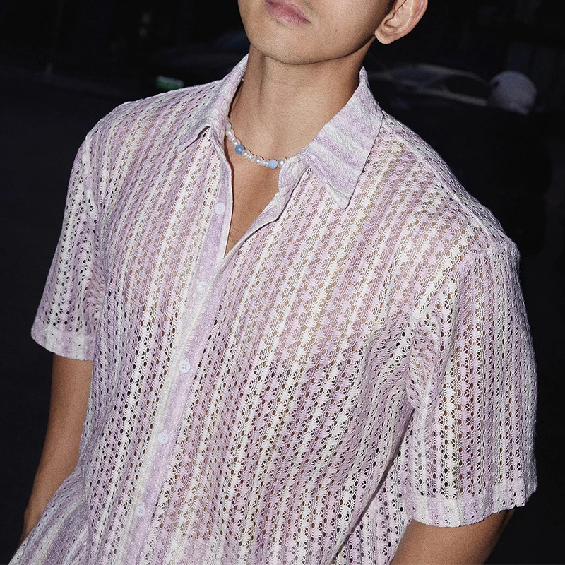 Vintage Umlegekragen Hemd mit Knöpfen für Herren am Meer, sexy, aushöhlen, durchsichtig, Netzhemden, modische Herren-Kurzarm-Strickjacken