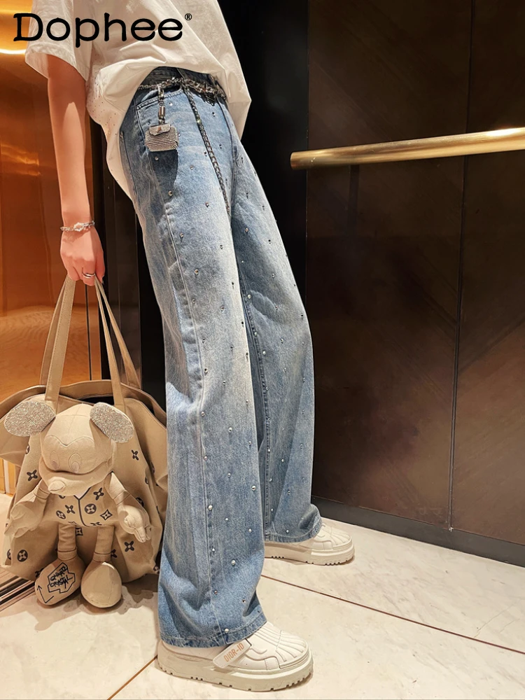 

Fashion Diamond-Embedded Belt High Waisted Jeans Female 2024 Spring Autumn Wide Leg Pants Wide Leg Jeans Women Clothing