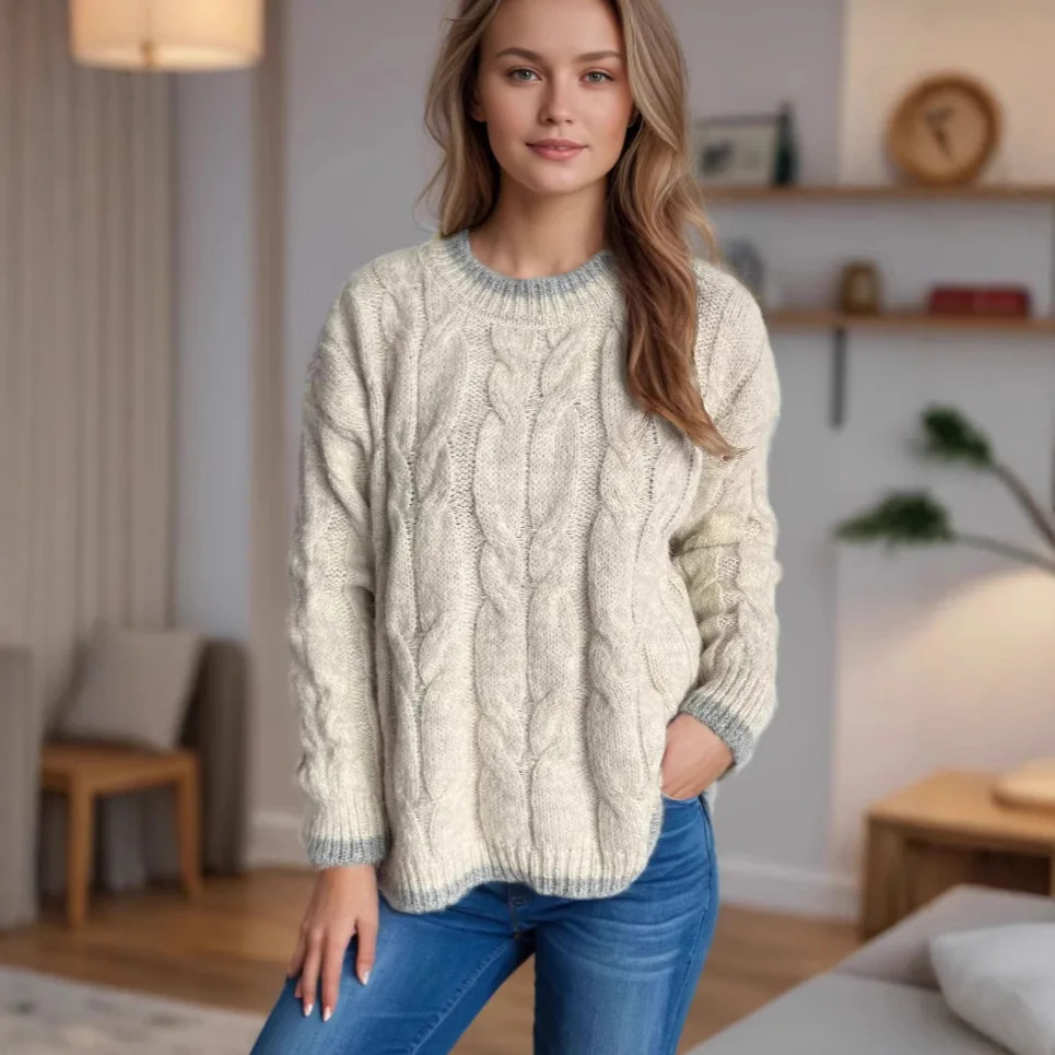 

Pullovers Women Sweaters Knitted Thick Work Round Neck Full Sleeve Jumpers Y2k Streetwear Elegant Splice Knit Autumn Winter