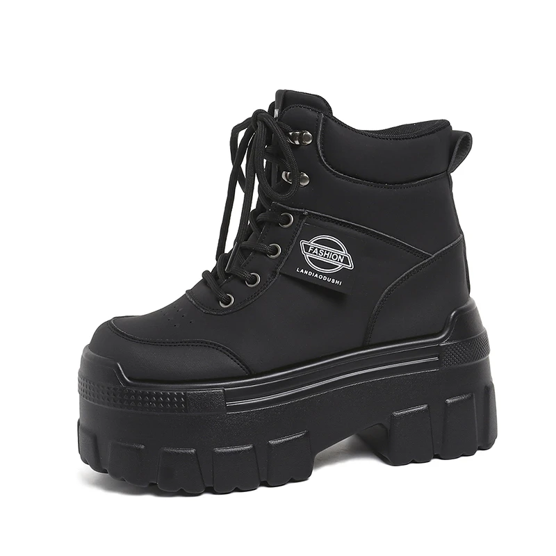 Botines de mujer para otoño, zapatos de cuero con suela gruesa, zapatillas deportivas transpirables con plataforma alta, suela gruesa de 10 cm, botas de cuña, botas para motociclistas.