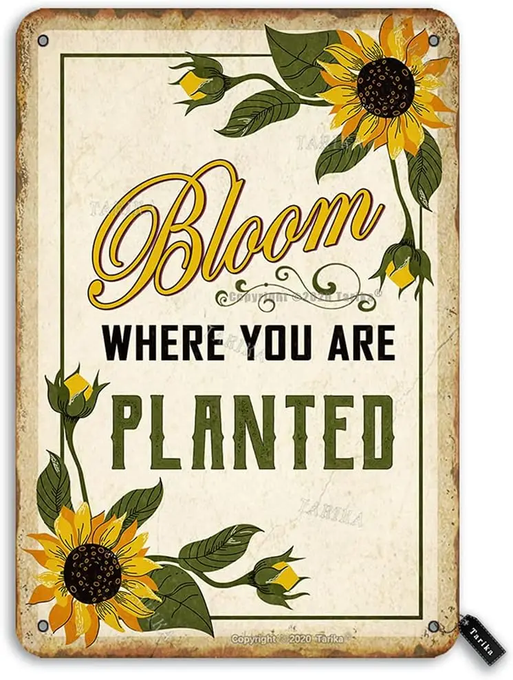 Bloom Where You Are Planted Garden Sunflowers 8X12 Inch Retro Look Iron Decoration Art Sign for Home Kitchen Farmhouse Funny Wal