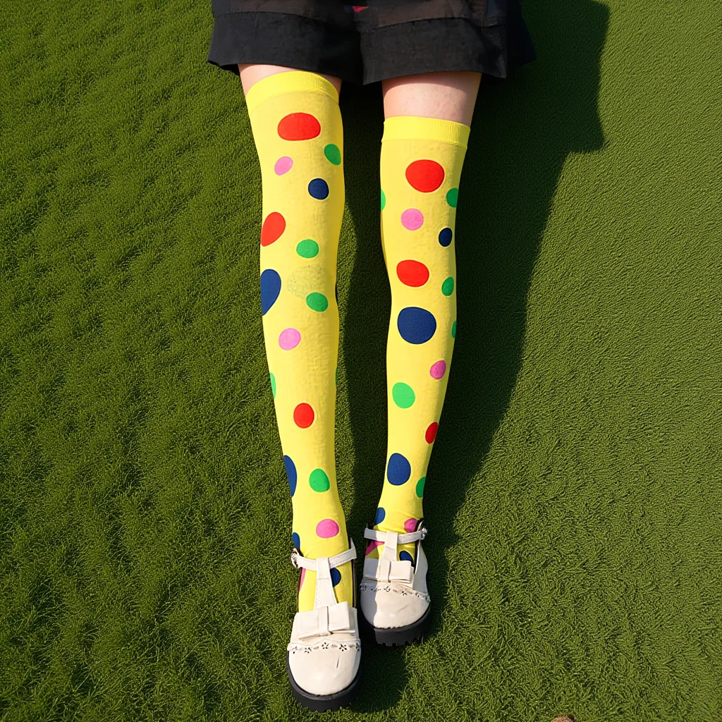 

4pcs Long Stockings For Women Colorful Knee High Socks Polka Dot Rainbow Stripe Thigh High Tube Socks Elastic Soft Fashion