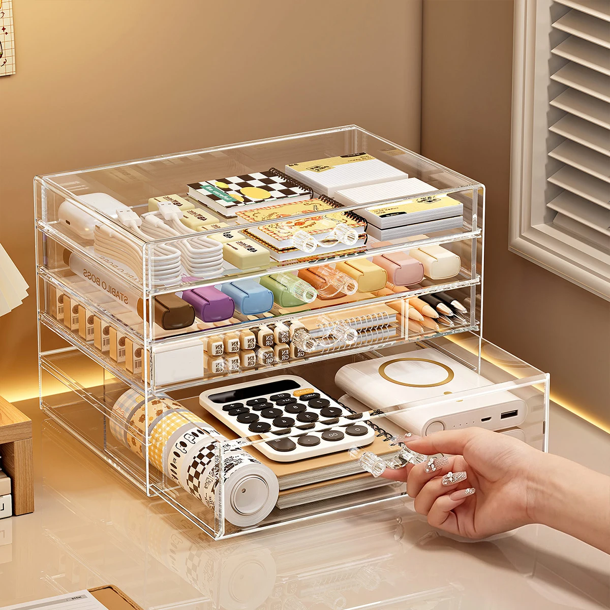1pc Multi-Layer Transparent Drawer Acrylic Desktop Stationery Storage Box Suitable Pen Note Tape Office Storage Container