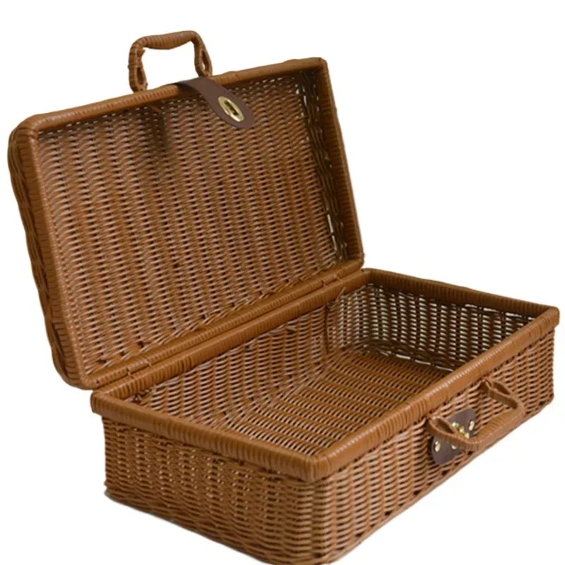 Retro Wicker Suitcase Vintage PP Rattan Picnic Basket with Handle Cosmetic Organizer Gift Box Travel Case Storage Woven
