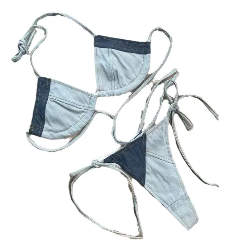Denim Bikini Neck Strap Holiday Sweet Overalls Swimsuit with High Sense Inside Bathing Suit Women Bikini Set