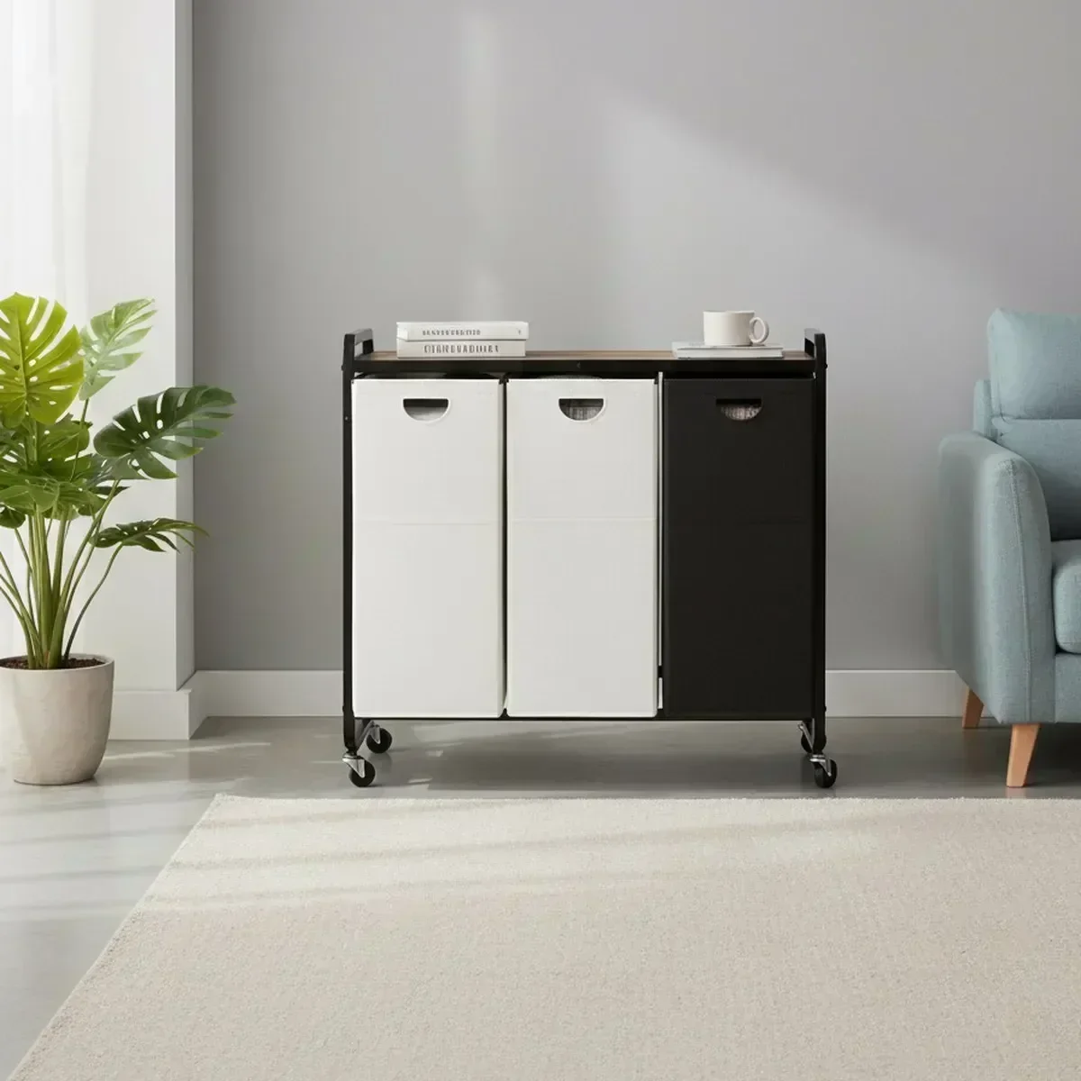 3 Section Laundry Hamper Large Wheels Oxford Fabric Removable Baskets Wooden Top Organization