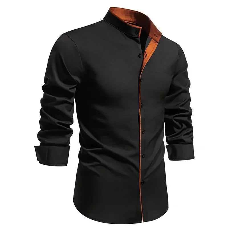 Fashion Men\'s Long Sleeve T-Shirts Solid Color Henry Collar Casual Formal Mens Dress Shirt Social Streetwear Mens Clothing