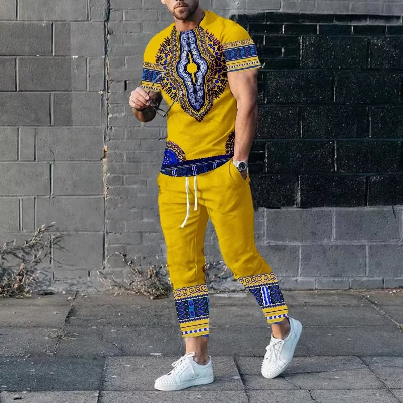 Summer Casual Vintage 3D Print Men Sportswear Set Short-Sleeved T Shirt Pants 2-Piece Set Oversized Pullover Men Clothing