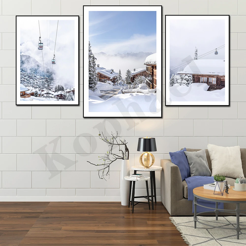 Swiss Alps Ski Resort Cable Car Mountain Cabin Winter Landscape Fine Art Photography Wall Art Poster