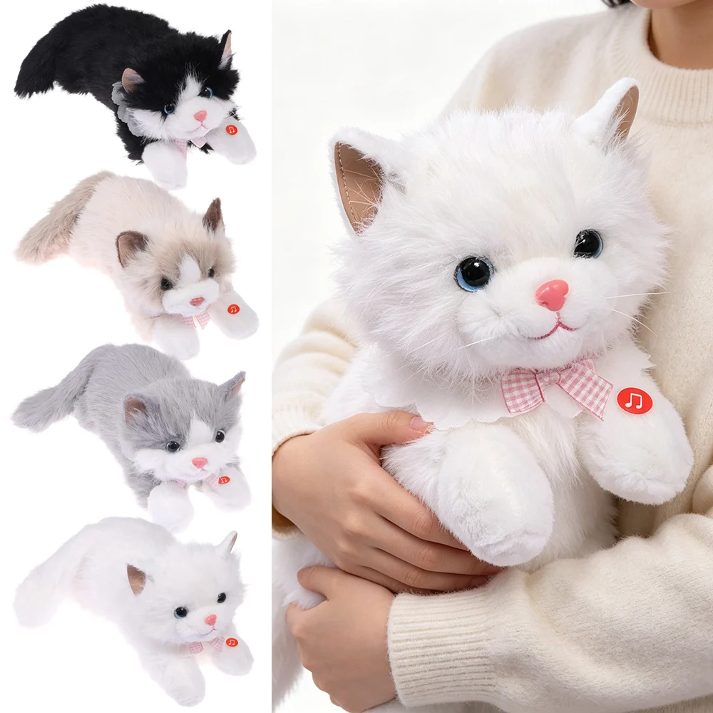 New Soft Simulation Cat Plush Toys Fluffy Voiced Ragdoll Cat Plush Doll Cute Cartoon With Bib Simulated Kitten Model Home Decor