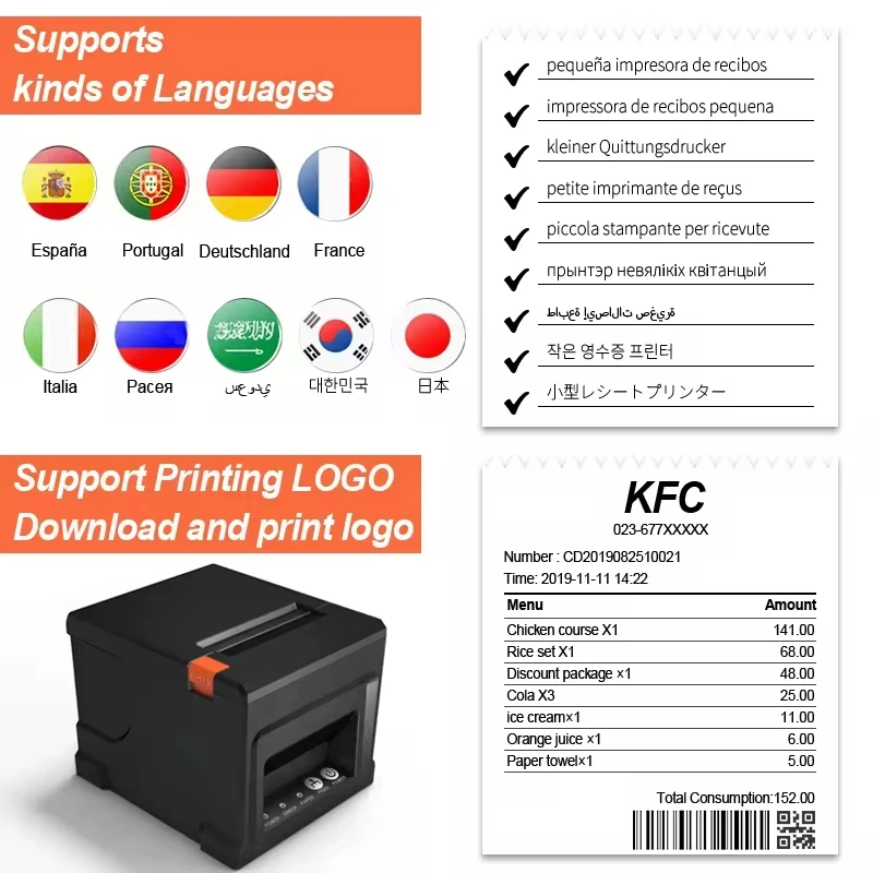 80mm Thermal Receipt Printer Multi-Functional Printers Machine Automatic Cutter Restaurant Kitchen POS WIFI Printer For Home