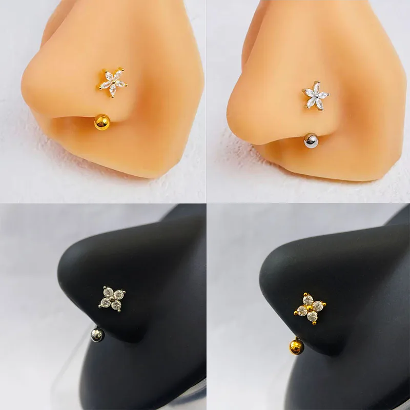 Trendy 18K Gold Plated Stainless Steel Body Piercing Ornament, Shiny Zircon Flower Shaped Nose Ring For Women Daily Matching