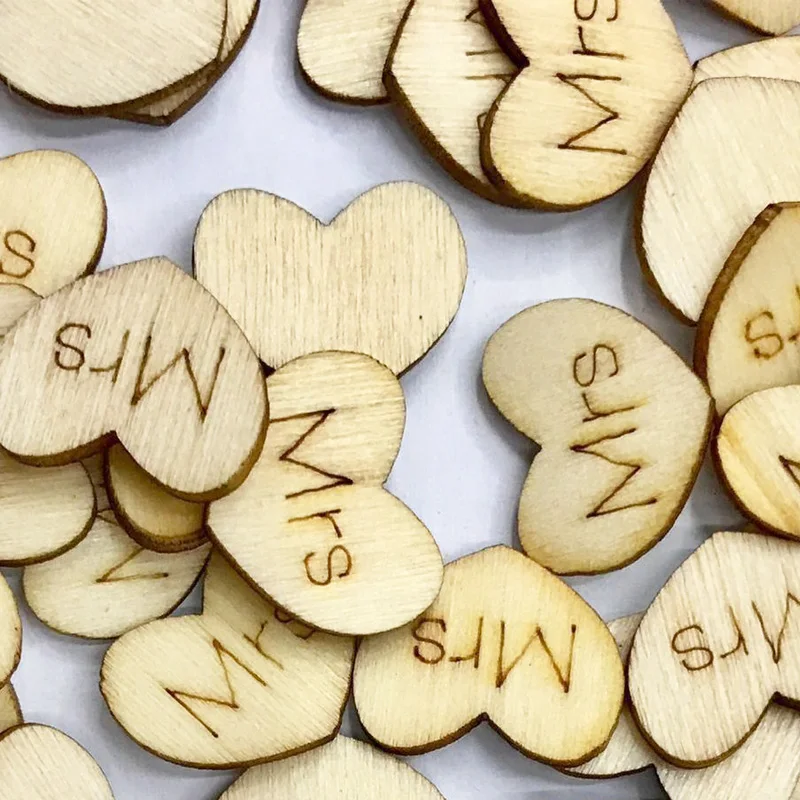 50PCS 15MM Mini Wooden Buttons MR MRS Love Heart Scrapbooking Decorate Wooden Wedding Home Decoration DIY Craft Supplies