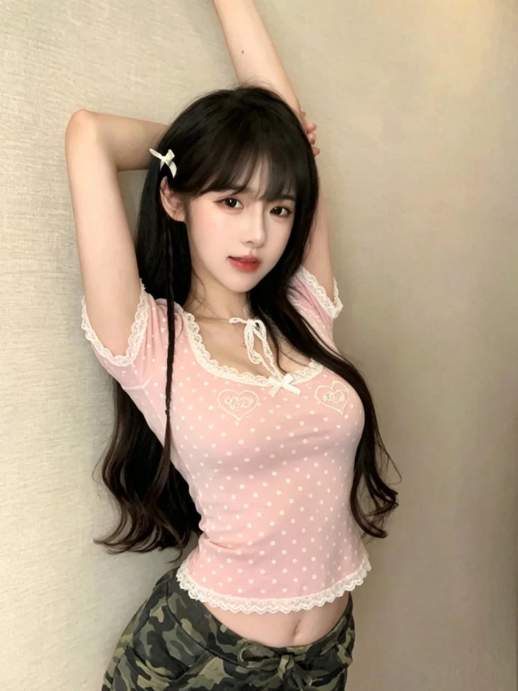 Comfy Casual Y2K Tees Harajuku Sweet Polka Dot Brown Bow Front Slim‑Fit Short‑Sleeve Trendy Women New Tops